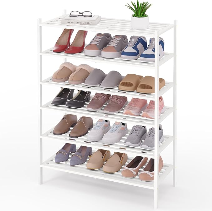 Smiry Bamboo Shoe Rack 6-Tier, Stackable Wooden Shoe Organizer for Entryway & Closet, Free Standing Wood Shoe Storage Shelf for Front Door & Small Spaces, White