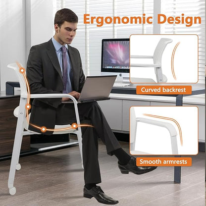 CLATINA Stacking Office Chairs with Wheels | Mesh Back, Thicken Leather Seat and Streamline Armrests, Ergonomic Lumber Support | School, Desk, Guest Reception, Waiting, Conference | Set of 4, White