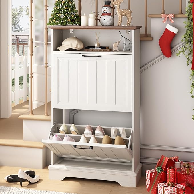 Shoe Storage Cabinet with 2 Flip Drawers, 24" W Farmhouse Modern Hidden Shoes Rack Cabinet with Adjustable Shelves & Open Storage, Narrow Slim Shoe Organizer for Entryway, Hallway, Antique White