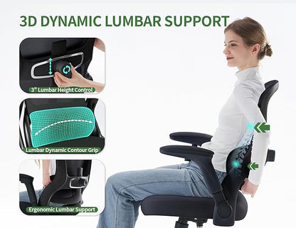 Office Chair Ergonomic Desk Chair Comfy: 400LBS Mesh Computer Chair Ergonomic Gaming Chairs with Wheels Adjustable Lumbar Support and Flip up Armrest-Swivel Executive Chairs Long Hours(Black)