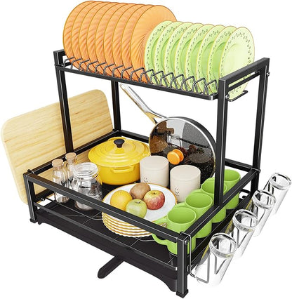 Simple Trending Dish Rack Over the Sink, Dish Drying Rack for Kitchen Counter, 2-Tier Stainless Steel Dish Drainer, Black