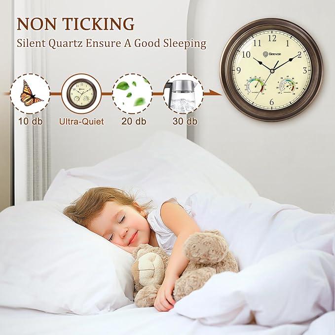 Geevon 16" Vintage Wall Clock Non Ticking with Hygrometer and Thermometer Combo,Battery Operated Quartz Decorative Wall Clocks for Home,Living Room,Office,Classroom,Kitchen,Bedroom Decor