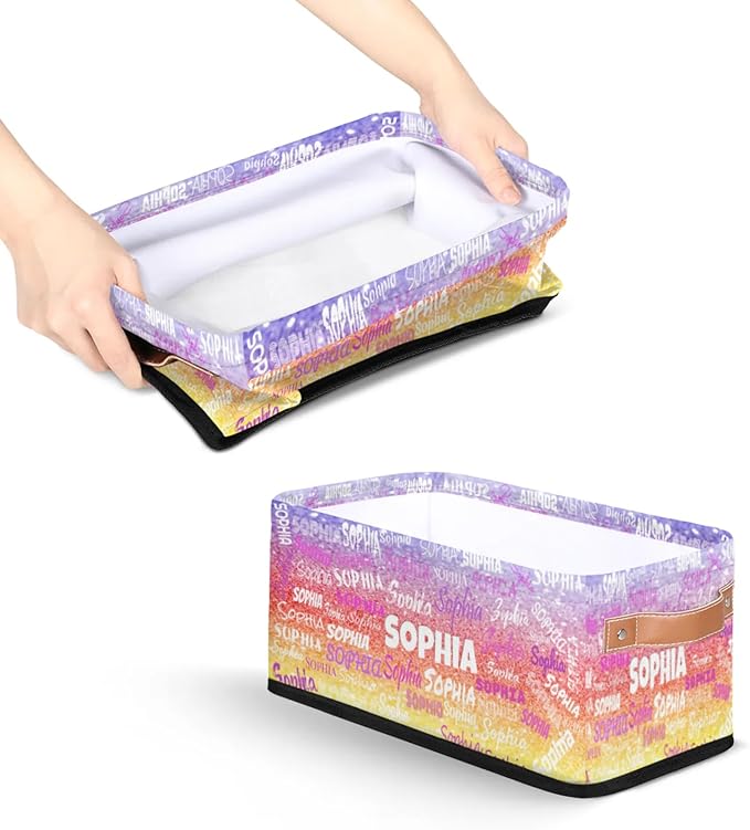 Personalized Name Small Storage Basket with Handles, Canvas Storage Bins Toys Organizer for Bedroom, Kitchen, Bathroom, Nursery, Shelves, Closets. Purple Red Yellow Bling Glitters