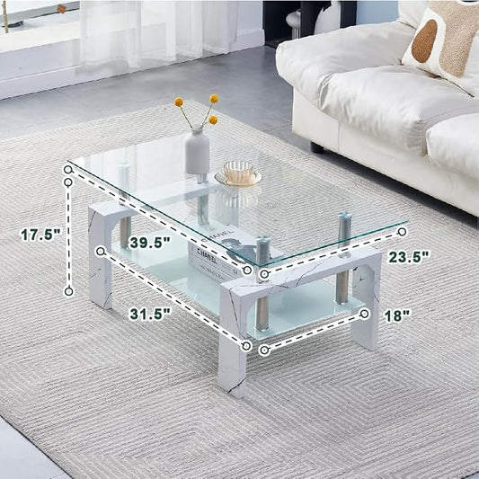 Btrpily Living Room Rectangle Coffee Table, Tea Table Suitable for Waiting Room, Modern Side Coffee Table with Wooden Leg, Glass Tabletop with Lower Shelf, Marble