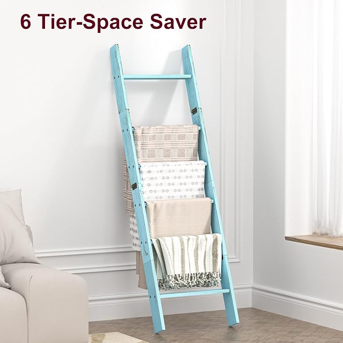 Honest Blanket Ladders for The Living Room, 6-Tier Blanket Holder, Wall-Leaning Blanket Rack, Ladder Shelves, Wooden Quilt Ladder, Farmhouse Decor, Blue