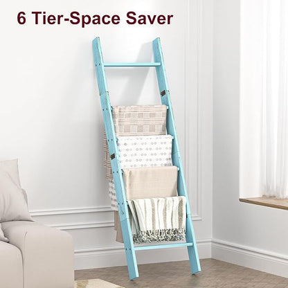 Honest Blanket Ladders for The Living Room, 6-Tier Blanket Holder, Wall-Leaning Blanket Rack, Ladder Shelves, Wooden Quilt Ladder, Farmhouse Decor, Blue