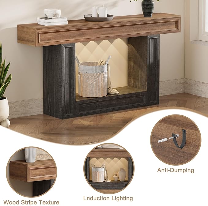 Rresyet 63" Console Table, 2-Tier Entryway Table with Sensor Lights, Coffee Table Behind The Sofa, with U-Shaped Base Suitable for Entryways, Living Rooms, Corridors, and Foyers(Wood)