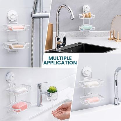 TAILI Double Layer Soap Holder, Bar Soap Dish Suction Cup for Shower Wall, Draining Saver Tray for Bathroom, Rustproof Stainless Steel Sponge Holder for Tub, Kitchen, Drill-Free, White
