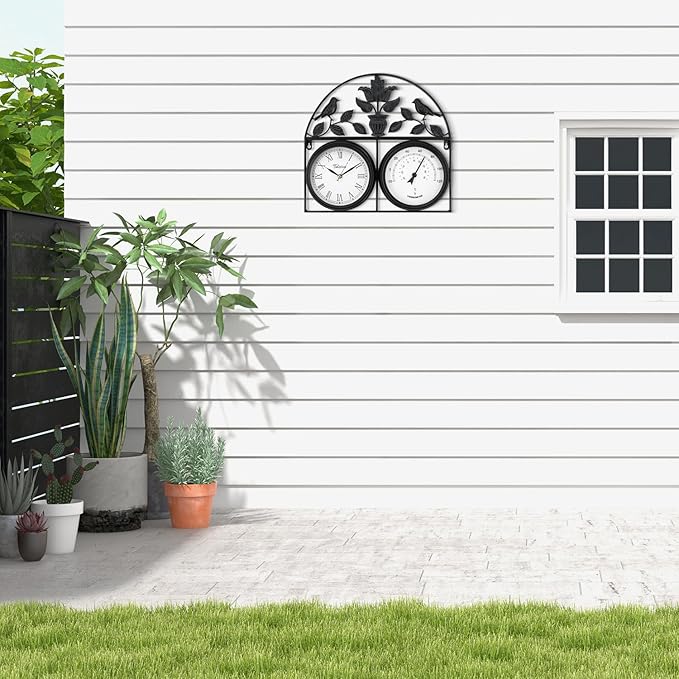 17Inch Large Outdoor Clock,Waterproof Wall Clock with Thermometer,Weatherproof Non-Ticking Quartz Battery Operated Decor Clock for Patio,Garden,Pool,Porch,House Warming Gifts