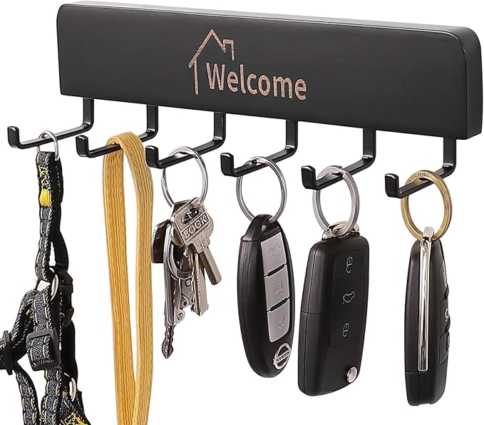 Wooden Key Holder with Metal Hooks,No Drill Adhesive & Screws, Dog Leash Holder for Wall, Wall Mount Entryway Organizer for Keys, Coats, Hats(1, Black)