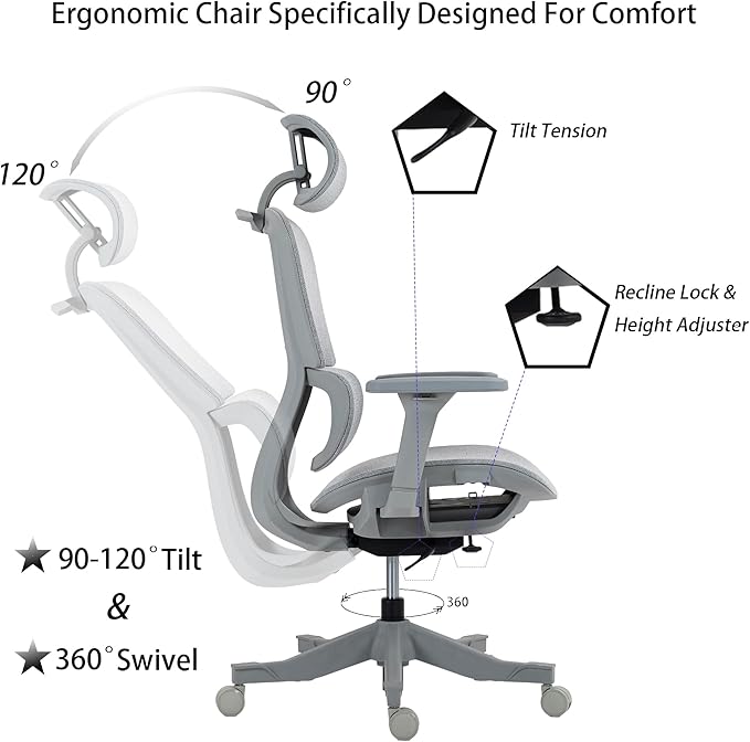 Ergonomic Office Chair with Independent Lumbar Support, Adjustable Height & 360° Swivel for Home Office Workstation (Grey)