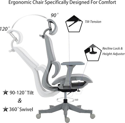 Ergonomic Office Chair with Independent Lumbar Support, Adjustable Height & 360° Swivel for Home Office Workstation (Grey)