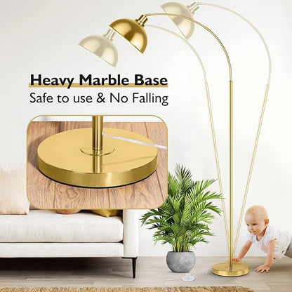 Arc Floor Lamps for Living Room, Modern Tall Standing Lamp Remote Control,Stepless Dimmable Gold Floor Lamp with Hanging Dome Shade, Over Couch Arched Reading Lamp for Bedroom, Office (Bulb Included)