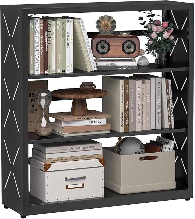 METALOONG Book Shelf, 3-Tier Adjustable Bookcase with Anti-Tip Kit & Leveling Feet, Heavy-Duty Metal Storage Organizer, Modern Corner Shelves for Kitchen, Garage, Home Office - Black