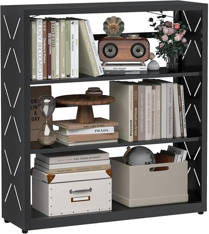 METALOONG Book Shelf, 3-Tier Adjustable Bookcase with Anti-Tip Kit & Leveling Feet, Heavy-Duty Metal Storage Organizer, Modern Corner Shelves for Kitchen, Garage, Home Office - Black
