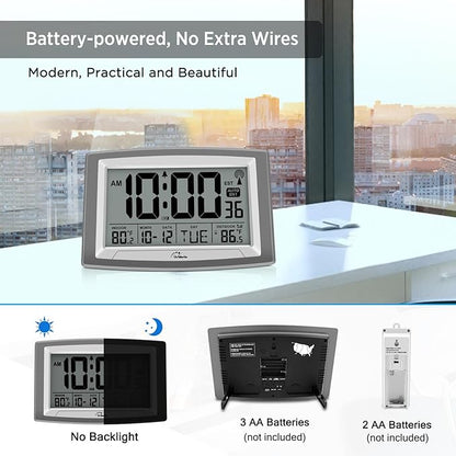 WallarGe Atomic Clock with Outdoor and Indoor Temperature - 12.5 Inch Self-Setting Digital Clock Large Display, Battery Operated Wall Clocks or Desk Clocks for Bedroom, Livingroom, Office
