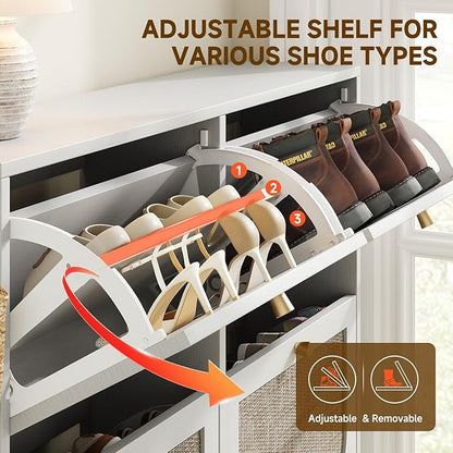 Nicetree Freestanding Ultra Slim Arched Rattan Accent Shoe Storage Cabinet for Entryway - 4 Flip Drawers & 3-Tier Adjustable Shelves, Farmhouse Modern Rustic Shoe Rack for Hallway Foyer,Cloud White