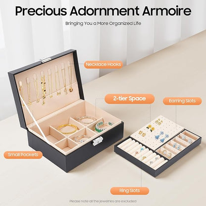 Jewelry Box Organizer, 2 Layer Classical Organizer, Jewelry Display Box for Necklaces Earrings Bracelets Rings Watches - Black