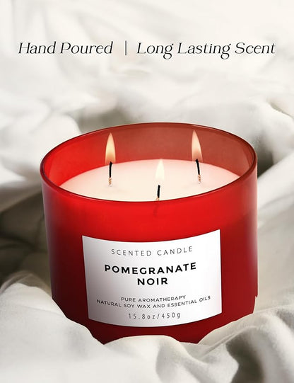 Pomegranate Noir Vanilla 3 Wick Candle | Highly Scented Natural Soy Candle 15.8 oz | Aromatherapy Stress Relief Candle Long Lasting & Clean Burn | Luxury Relaxing Gift for Home, Women & Men