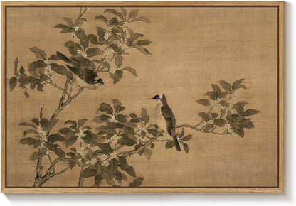 Framed Vintage Botanical Birds on Branch Wall Art, Retro Neutral Still Life Canvas Artwork for Walls, Elegant Rustic Painting Print for Living Room Bedroom Dining Room Office Wall Decor, 36x24 Inch
