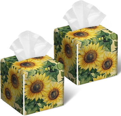 Watercolor Sunflower Tissue Box Cover 2PCS, Leather Tissue Box Holder Square Facial Paper Case Tissue Box Cube Organizer for Bathroom Bedroom Desk Office