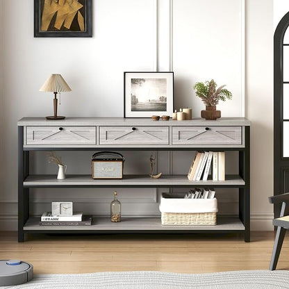 HSH Sofa Table with 3 Drawers, 55" Entryway Table with Storage Shelf, Console Table with Drawers Behind Couch for Living Room, Farmhouse Wood Metal Front Door Table for Entry Hallway, Light Grey Oak