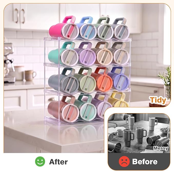 Large Compartment Water Bottle Organizer, Stackable Water Bottle Holder for Stanley 40 oz Tumbler, Clear Tumbler Organizer for Cabinet, Kitchen Pantry or Countertop, 3 Pack (4 Pack)