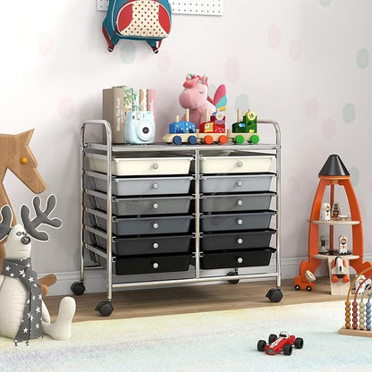 GOFLAME 12-Drawer Rolling Storage Cart, Multifunctional Art Craft Organizer Cart, Mobile Utility Storage Cart with Removable Drawers & Lockable Wheels, Craft Cart for Home Office School, Grey Gradient