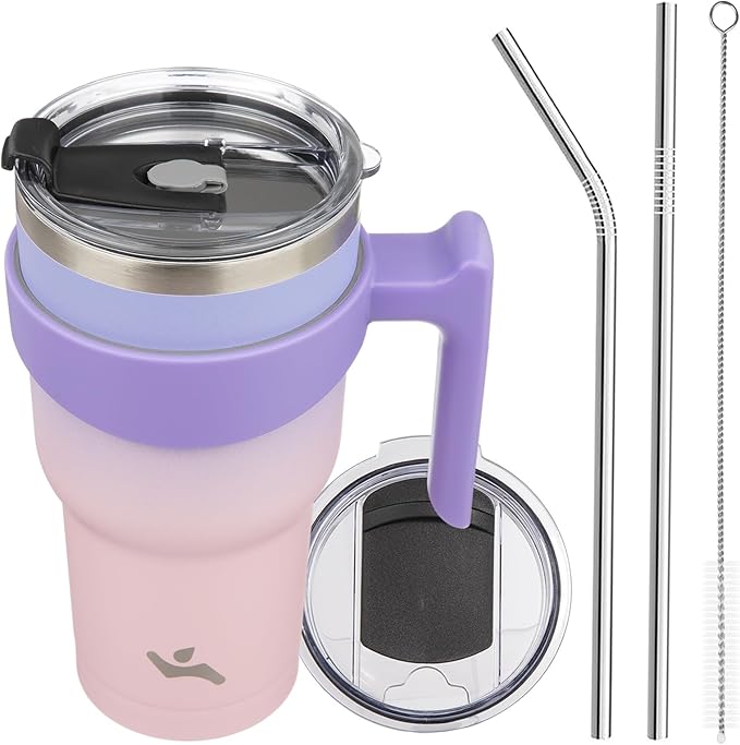 30 oz Tumbler with Handle and 2 Straw 2 Lid, Insulated Water Bottle Stainless Steel Vacuum Cup Reusable Travel Mug,Pastel Sunset