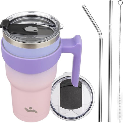 30 oz Tumbler with Handle and 2 Straw 2 Lid, Insulated Water Bottle Stainless Steel Vacuum Cup Reusable Travel Mug,Pastel Sunset