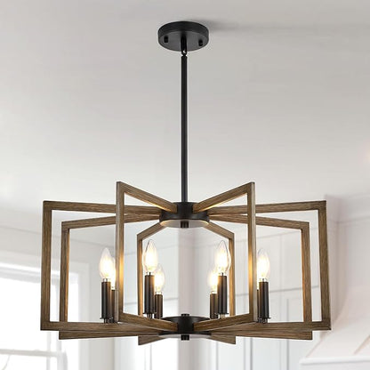 8-Light Metal Geometric Chandelier，Large Kitchen Pendant Lighting Over Island，Farmhouse Dining Room Light Fixture，Wood Grain Finish and Black Modern Chandelier