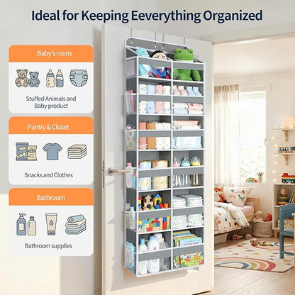 Yecaye Over The Door Organizer, 6 Tier Extra Large Behind Door Storage of 12 Compartments, 80lbs Heavy Duty Door Organizer Hanging with Clear Window for Closet Bedroom Pantry Bathroom, Grey