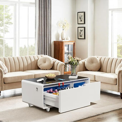 Smart Coffee Table with Fridge and Bluetooth, Smart Living Room Table with Frozen Drawers, Dual Speakers, 15W Wireless Charger, Touch Control, USB Ports, Atmosphere Light, LT90 Ultra-White
