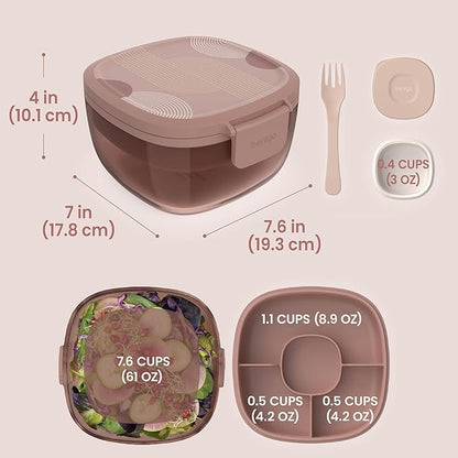 Bentgo Glass Prints Salad Container - 7.6-Cup Tinted Glass Salad Bowl with Airtight Lid, Leak-Proof Sauce Container, 4-Compartment Bento Meal Prep Tray & Reusable Fork (Mod Curve - Desert Rose)