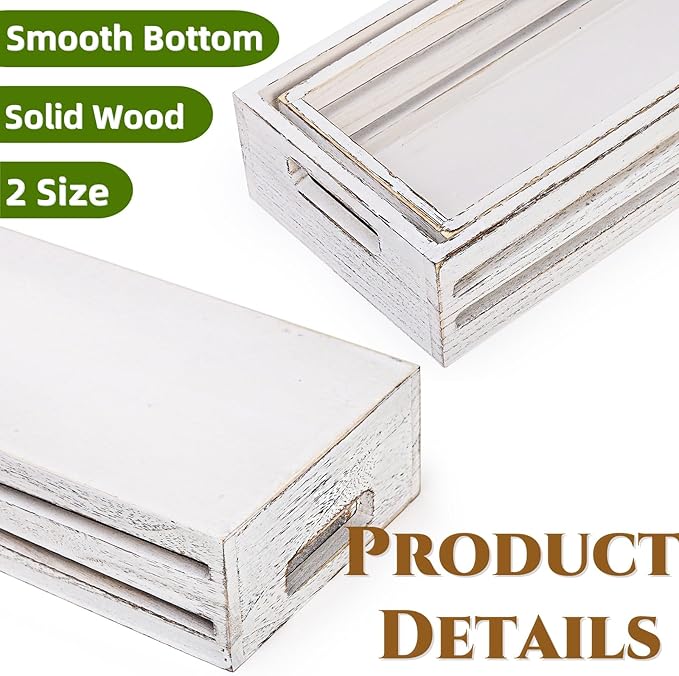 2 Pack Bathroom Decor Box, 16" 15" Wooden Toilet Paper Holder, White Toilet Storage Basket, Toilet Tissue Tray with Handles for Home Decor, Tank Topper, Bathroom Kitchen Counter