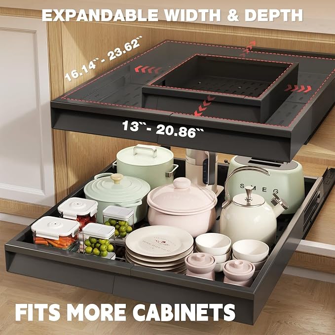 Seinloes Pull Out Cabinet Organizer, 4-Side Expandable to Fit Most Cabinets, 3 Rail Slide Out Drawers with Raising Pad for Framed & Frameless Cabinets, 13"-21" W x 17"-24" D, Black, 2 Pack