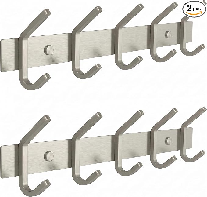 Coat Rack Wall Mount – Brushed Nickel 15 Inch Stainless Steel Hook Rail with 5 Heavy Duty Double Coat Hooks – Wall Mounted Coat Hanger for Entryway, Bathroom, Bedroom, Towel, Hat Organizer - 2 Pack