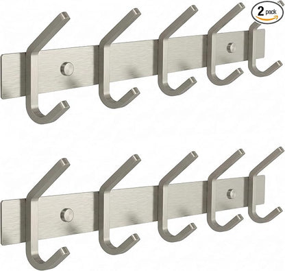 Coat Rack Wall Mount – Brushed Nickel 15 Inch Stainless Steel Hook Rail with 5 Heavy Duty Double Coat Hooks – Wall Mounted Coat Hanger for Entryway, Bathroom, Bedroom, Towel, Hat Organizer - 2 Pack
