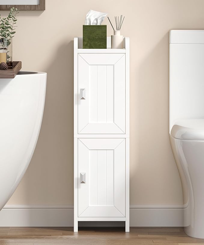 Akxomel Small Bathroom Cabinet with 2 Doors, 7.9''D x 7.9''W Narrow Toilet Paper Storage Cabinet, Bathroom Organizer for Small Spaces, Slim Corner Unit with Adjustable Shelf, White