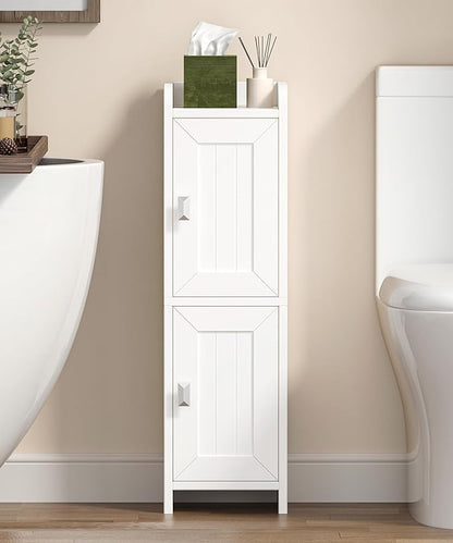 Akxomel Small Bathroom Cabinet with 2 Doors, 7.9''D x 7.9''W Narrow Toilet Paper Storage Cabinet, Bathroom Organizer for Small Spaces, Slim Corner Unit with Adjustable Shelf, White