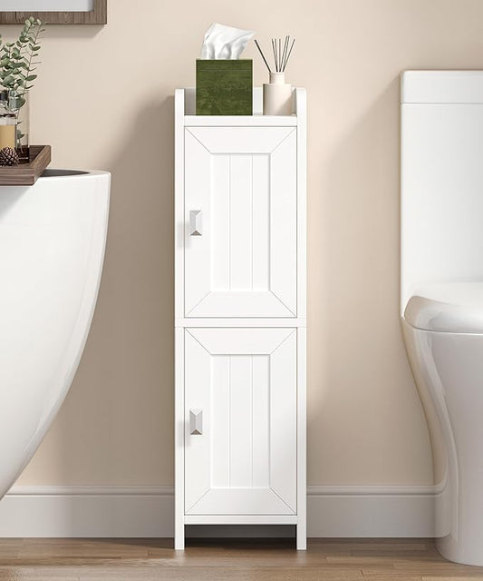 Akxomel Small Bathroom Cabinet with 2 Doors, 7.9''D x 7.9''W Narrow Toilet Paper Storage Cabinet, Bathroom Organizer for Small Spaces, Slim Corner Unit with Adjustable Shelf, White
