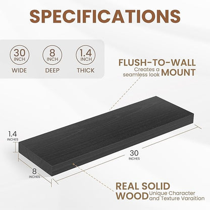 Fun Memories Rustic Floating Shelves for Home Decor, 8 Inch Deep Floating Shelf, Solid Wood Floating Wall Shelves 30 Inch Long, Deep Wall Shelves for Bathroom, Living Room, Black Finsh, Set of 2