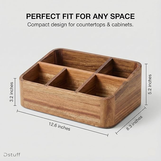 Dstuff Acacia Wood Coffee Station Organizer for Countertop, Tea Organizer and Holder, Coffee Bar Caddy with Multiple Compartments for Home and Office Decor