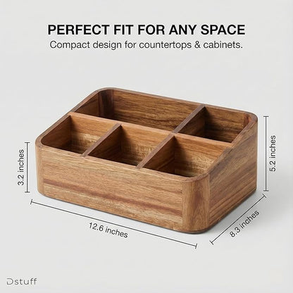 Dstuff Acacia Wood Coffee Station Organizer for Countertop, Tea Organizer and Holder, Coffee Bar Caddy with Multiple Compartments for Home and Office Decor