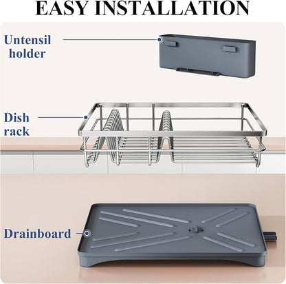 SNTD Dish Drying Rack for Kitchen Counter - Stainless Steel Dish Rack with Drainboard, Large Dish Drainer with Utensil Holder for Sink, Silver