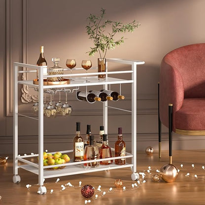 Bar Cart,Home Bar Serving Cart with Storage Shelves, 2 Tier Rolling Beverage Cart with Wheels, Modern Elegant White Wine Cart with Wine Rack and Glass Holder for Kitchen, Dinning Room,Living Room