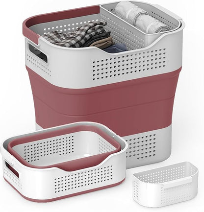 TECHMILLY Collapsible Plastic Laundry Basket Hamper with Handles, 35L Portable Rubber Clothes Basket, Pop Up Storage Container/Organizer with Hanging basket for Washing & Storage, Red
