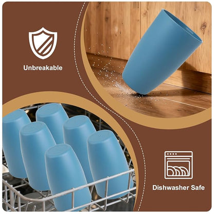 SINOGE Premium Wheat Straw Cups 20 oz Large Capacity Unbreakable Drinking Glasses | Set of 6 | Alternative to Plastic Cups Reusable Water Glasses Dishwasher and Microwave Safe Drinking Cups - Blue