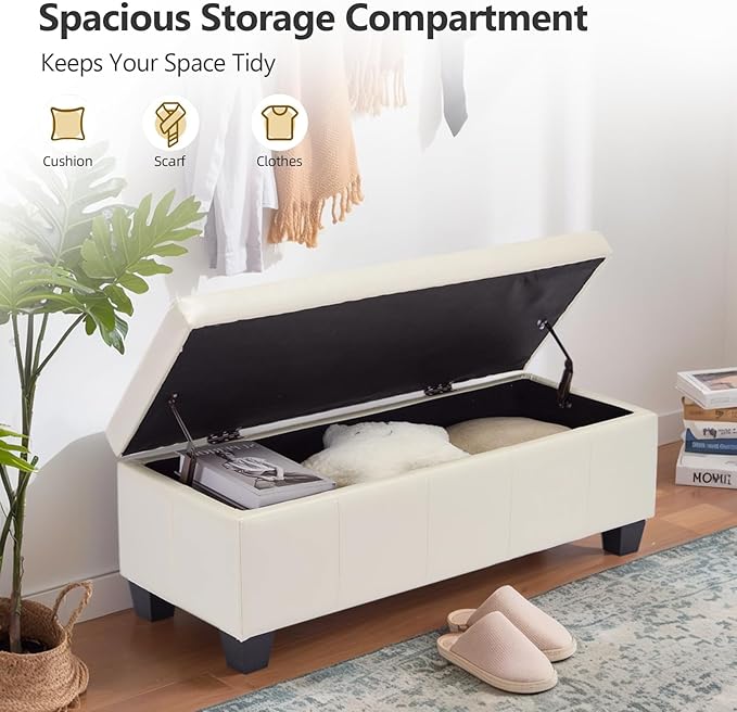 41" Storage Ottoman Bench, Faux Leather Storage Foot Rest with Safety Hinge, Load up to 660 lb Upholstered Tufted Entryway Bench with Seating for Living Room, Bedroom, Beige
