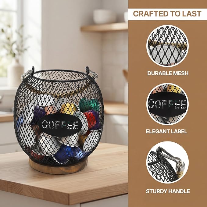 Coffee Pod Holder, K Cup Organizer Basket with Handle Wooden Base, Sturdy Metal Wire Capsule Pod Storage Container for Kitchen Countertop, Office, Coffee Bar
